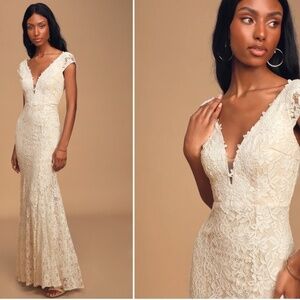 LULU's Elegant Sexy Wedding Bridal Shower Engagement Lace Flowy Gown